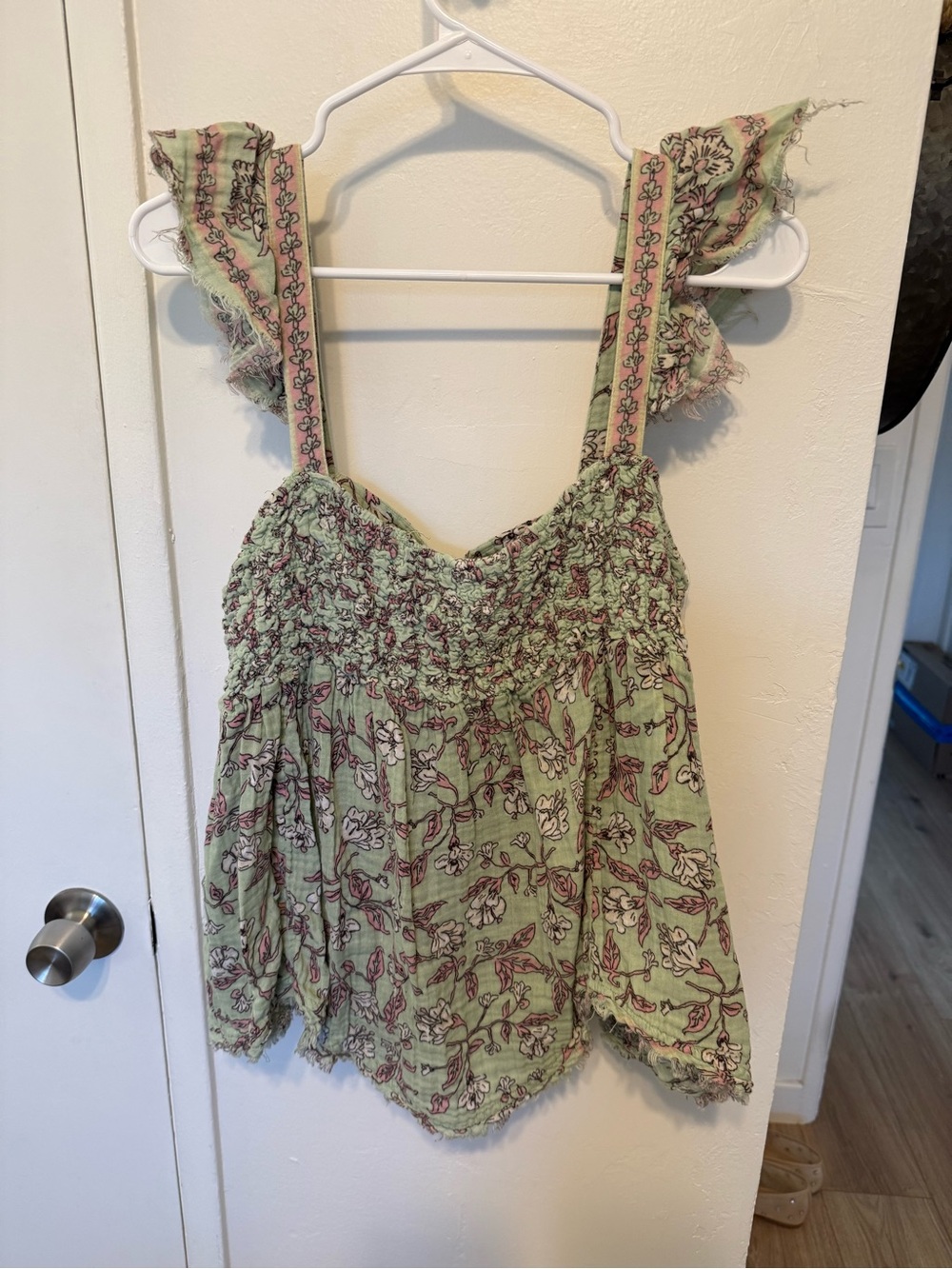Free People Green Floral Smocked Ruffle-Strap Women's Top